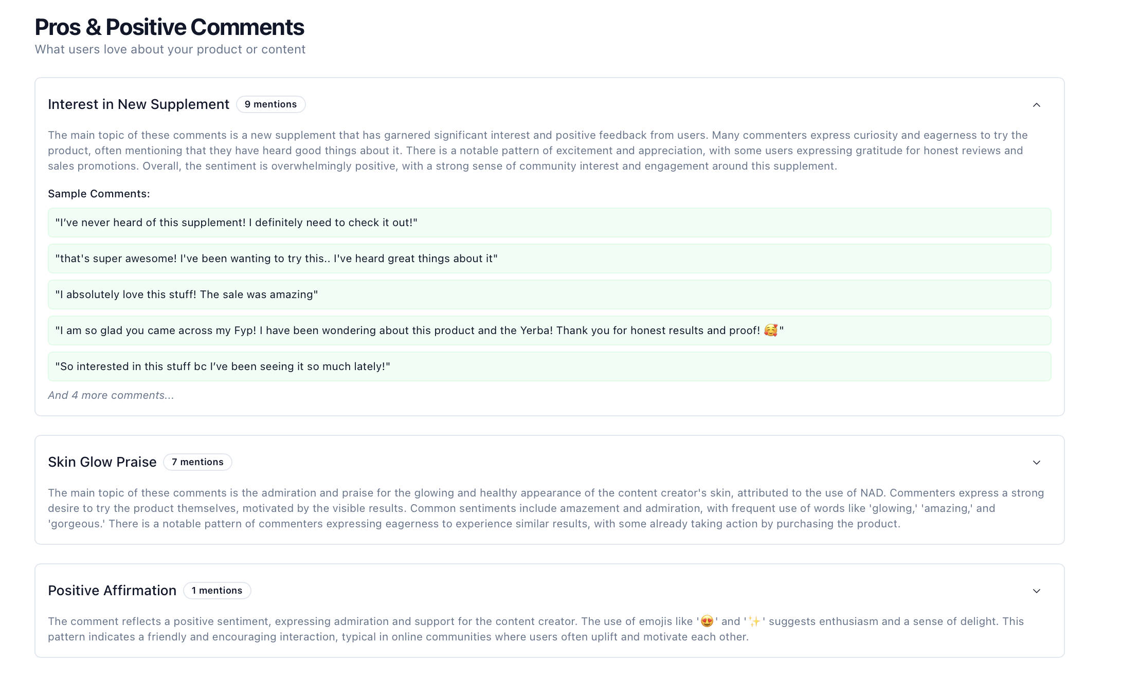 Categorized Insights Dashboard - Pros & Positive Comments
